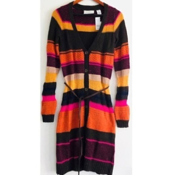 H&M Long Cardigan XS NWT Wool Striped Belted Tunic Colorful Striped Cozy Warm - Picture 1 of 10